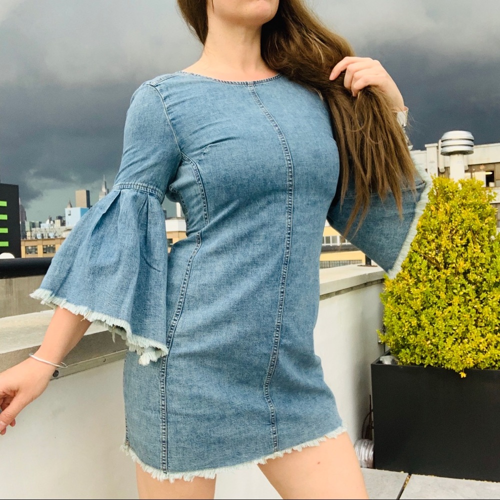 Free People Denim Fringed Raw Hem Flare Backless Dress - Picture 9 of 16
